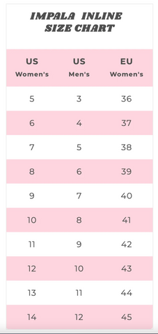 Impala inline skate size chart